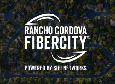 Rancho Cordova FiberCity logo over aerial city view